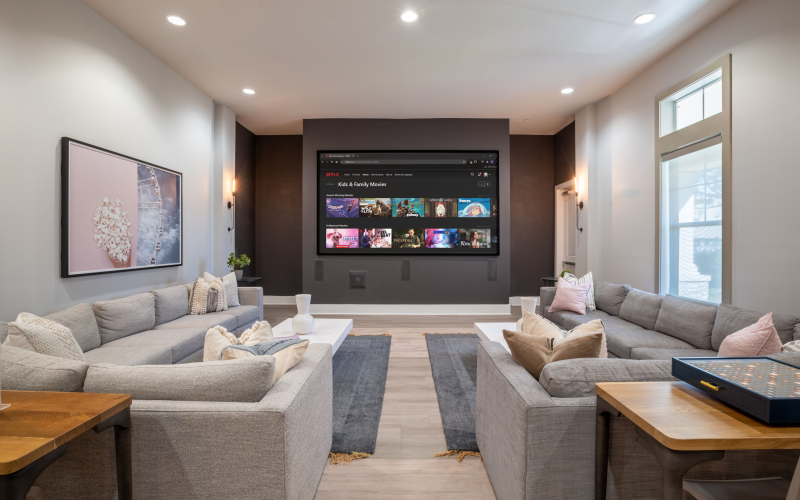 Theater room with large couches and projector screen