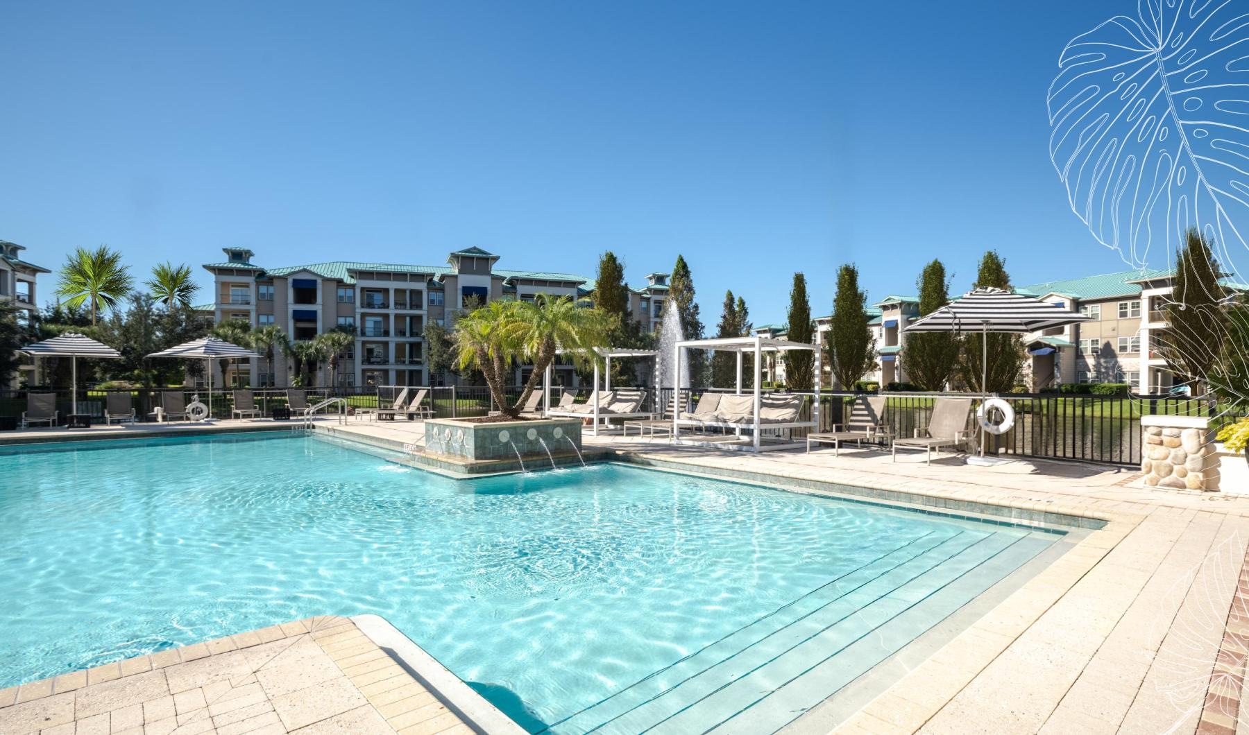 a pool with a building in the background