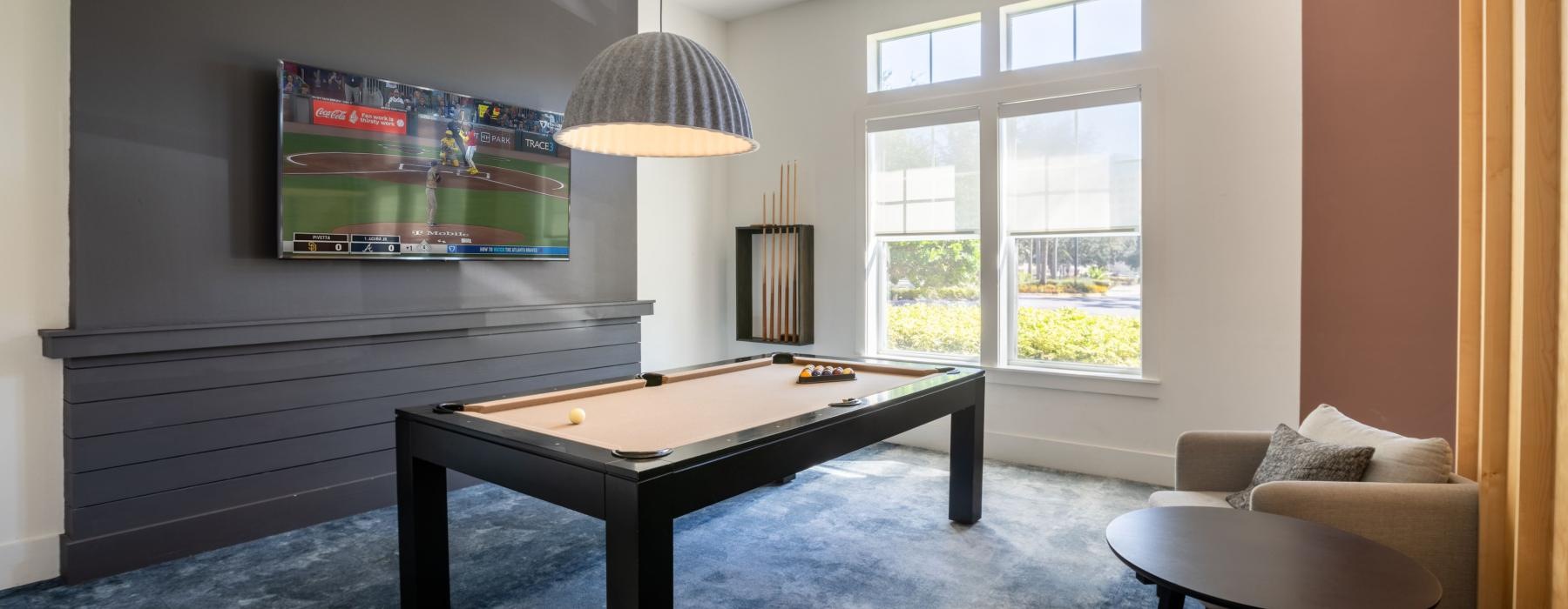 a clubhouse room with a tv and a pool table